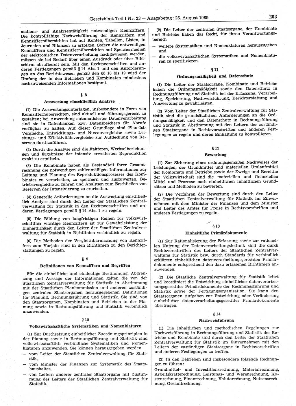 Gesetzblatt (GBl.) der Deutschen Demokratischen Republik (DDR) Teil Ⅰ 1985, Seite 263 (GBl. DDR Ⅰ 1985, S. 263)