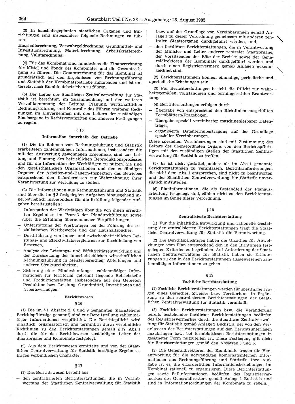 Gesetzblatt (GBl.) der Deutschen Demokratischen Republik (DDR) Teil Ⅰ 1985, Seite 264 (GBl. DDR Ⅰ 1985, S. 264)