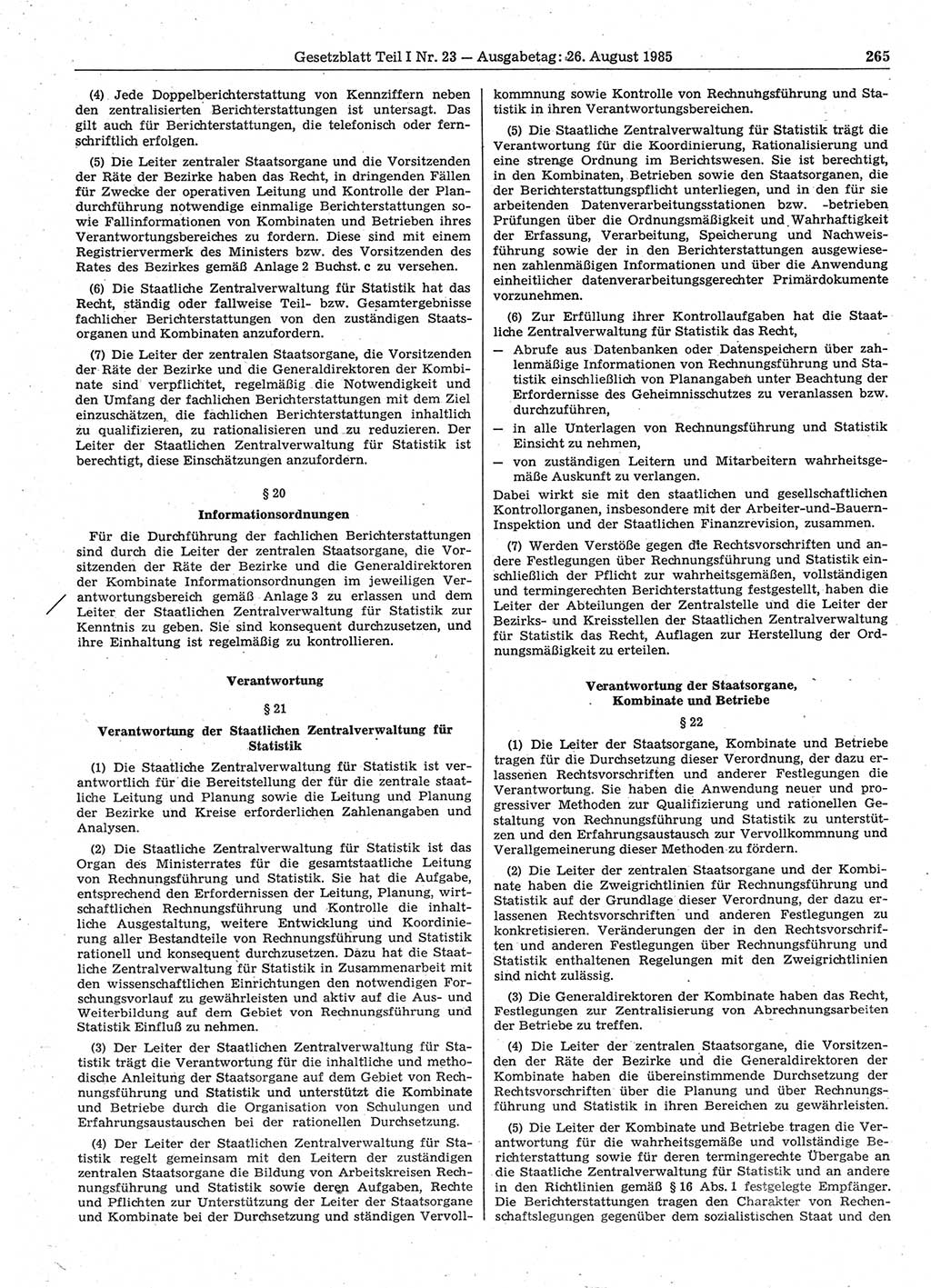 Gesetzblatt (GBl.) der Deutschen Demokratischen Republik (DDR) Teil Ⅰ 1985, Seite 265 (GBl. DDR Ⅰ 1985, S. 265)