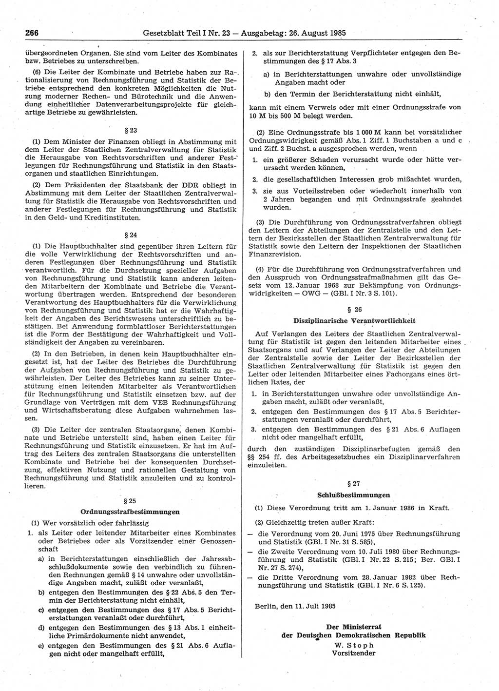 Gesetzblatt (GBl.) der Deutschen Demokratischen Republik (DDR) Teil Ⅰ 1985, Seite 266 (GBl. DDR Ⅰ 1985, S. 266)