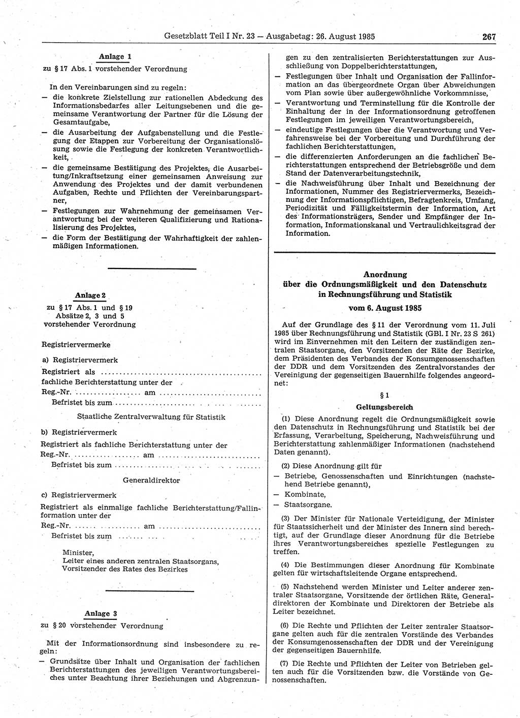 Gesetzblatt (GBl.) der Deutschen Demokratischen Republik (DDR) Teil Ⅰ 1985, Seite 267 (GBl. DDR Ⅰ 1985, S. 267)
