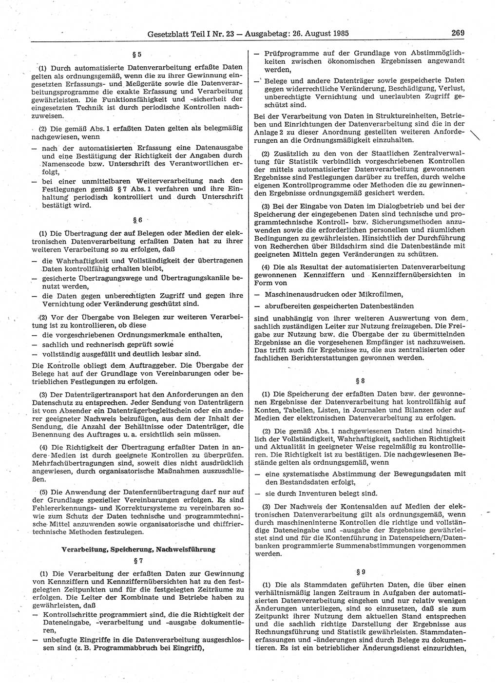 Gesetzblatt (GBl.) der Deutschen Demokratischen Republik (DDR) Teil Ⅰ 1985, Seite 269 (GBl. DDR Ⅰ 1985, S. 269)