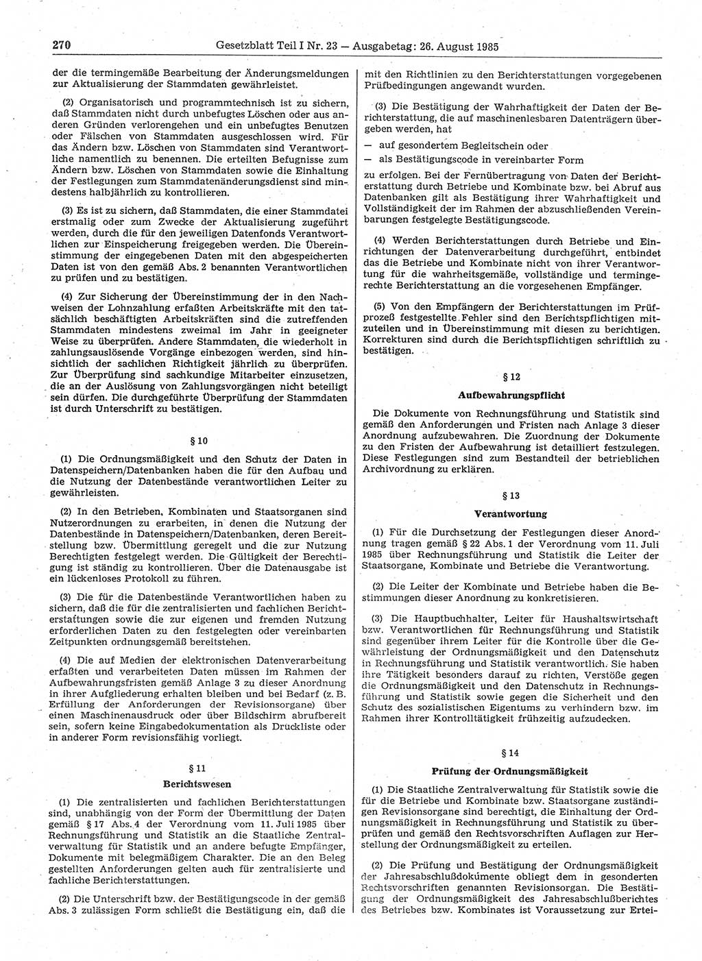 Gesetzblatt (GBl.) der Deutschen Demokratischen Republik (DDR) Teil Ⅰ 1985, Seite 270 (GBl. DDR Ⅰ 1985, S. 270)