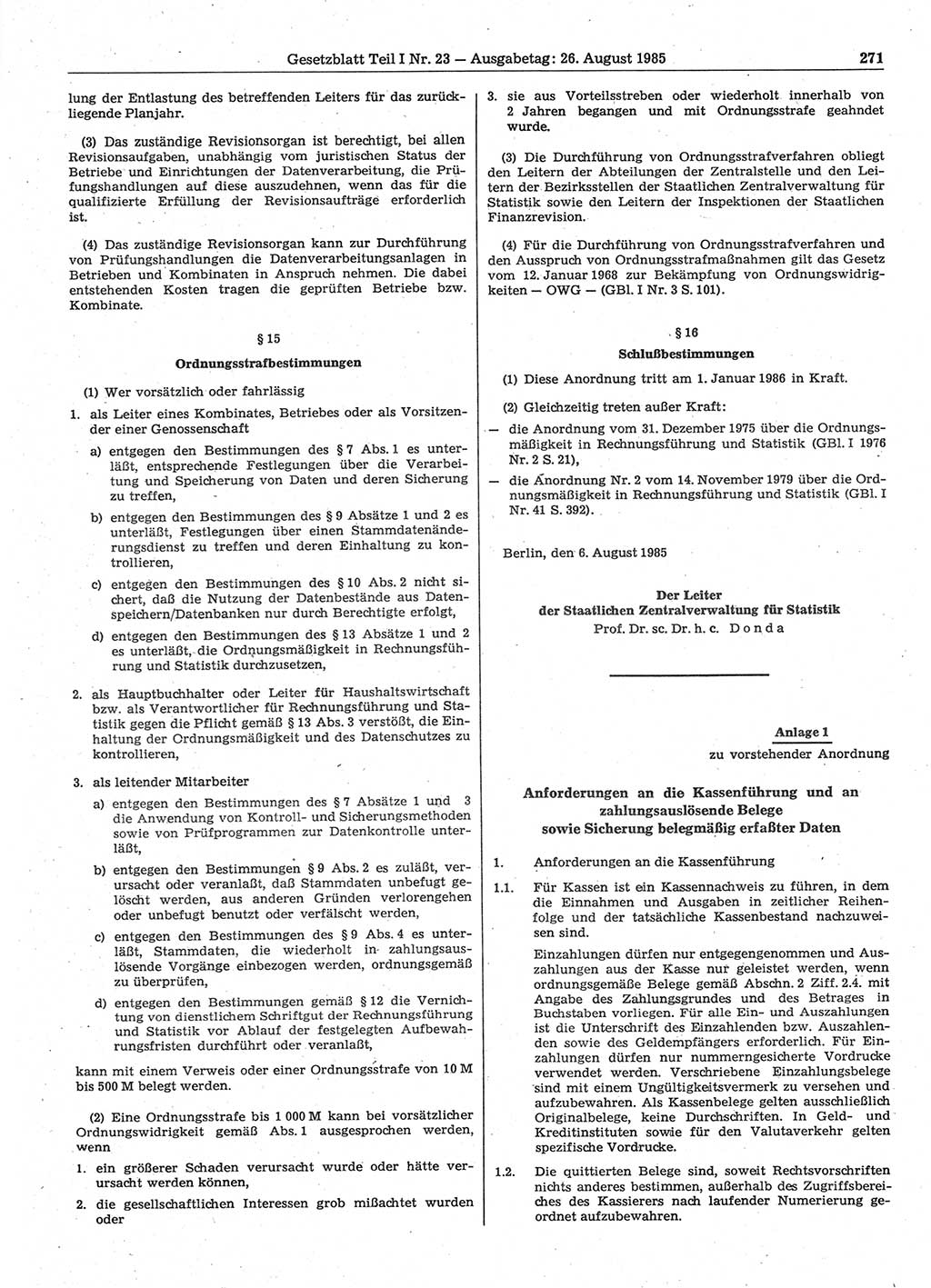 Gesetzblatt (GBl.) der Deutschen Demokratischen Republik (DDR) Teil Ⅰ 1985, Seite 271 (GBl. DDR Ⅰ 1985, S. 271)