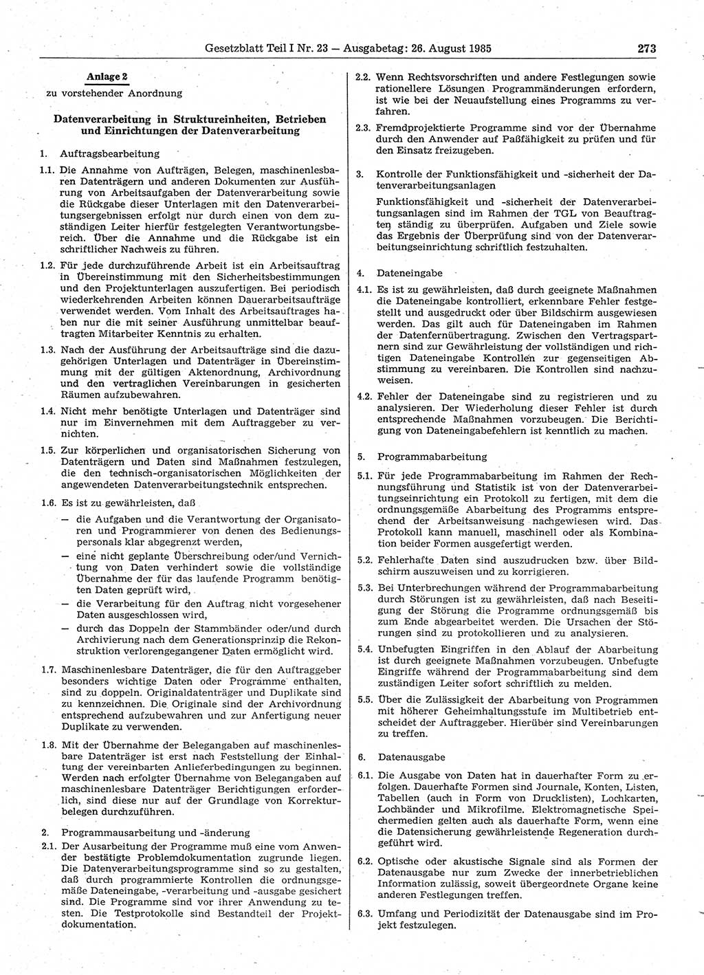 Gesetzblatt (GBl.) der Deutschen Demokratischen Republik (DDR) Teil Ⅰ 1985, Seite 273 (GBl. DDR Ⅰ 1985, S. 273)