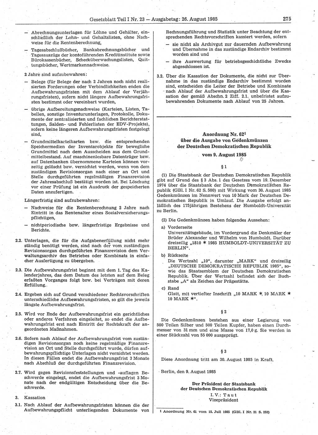 Gesetzblatt (GBl.) der Deutschen Demokratischen Republik (DDR) Teil Ⅰ 1985, Seite 275 (GBl. DDR Ⅰ 1985, S. 275)