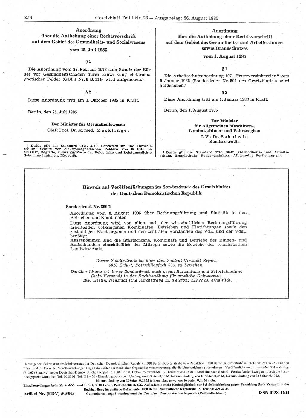 Gesetzblatt (GBl.) der Deutschen Demokratischen Republik (DDR) Teil Ⅰ 1985, Seite 276 (GBl. DDR Ⅰ 1985, S. 276)