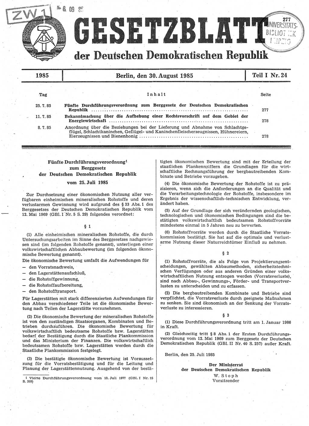Gesetzblatt (GBl.) der Deutschen Demokratischen Republik (DDR) Teil Ⅰ 1985, Seite 277 (GBl. DDR Ⅰ 1985, S. 277)