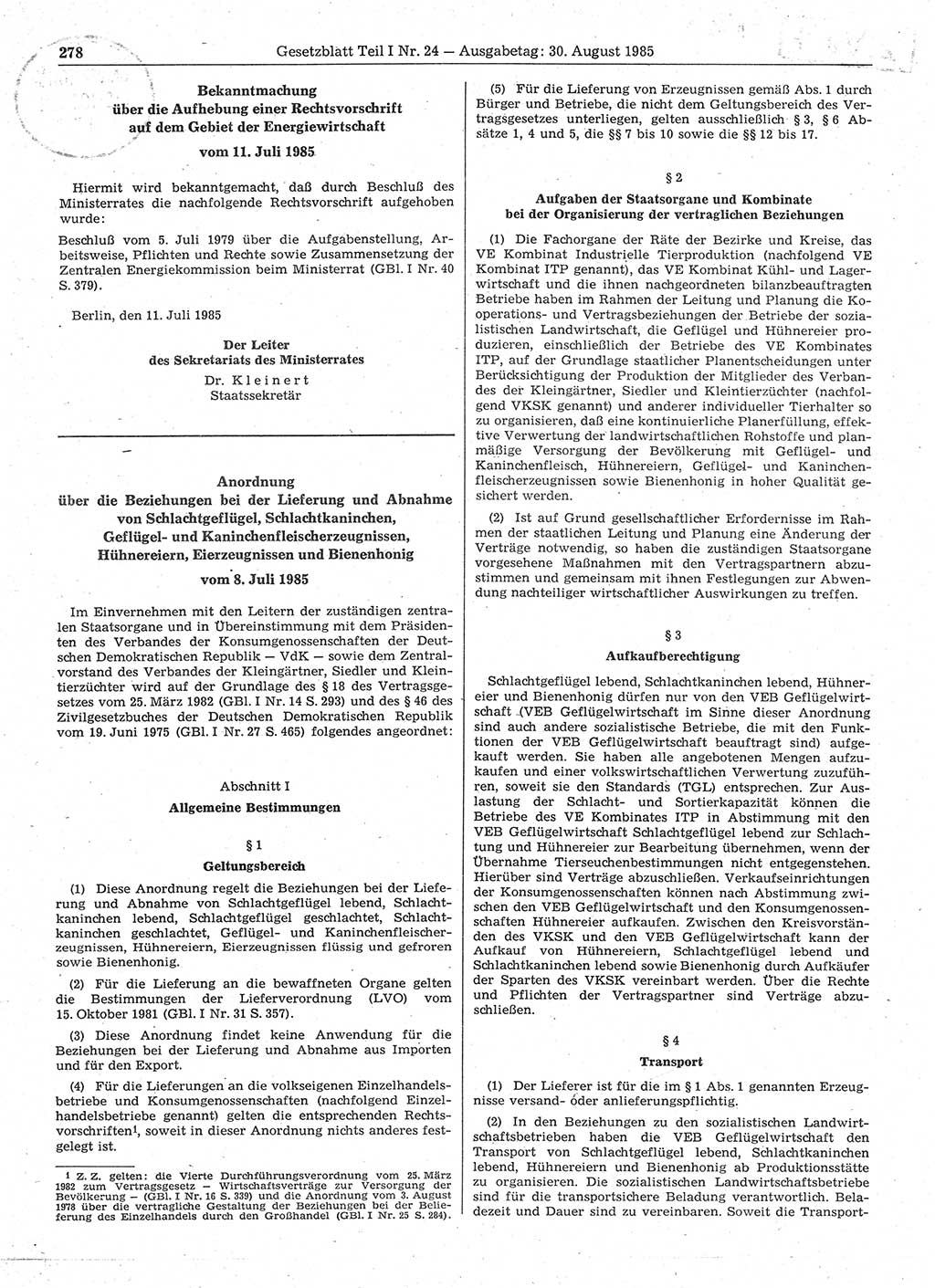 Gesetzblatt (GBl.) der Deutschen Demokratischen Republik (DDR) Teil Ⅰ 1985, Seite 278 (GBl. DDR Ⅰ 1985, S. 278)