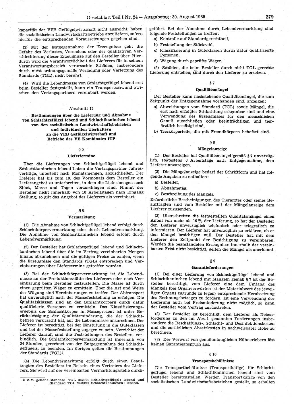 Gesetzblatt (GBl.) der Deutschen Demokratischen Republik (DDR) Teil Ⅰ 1985, Seite 279 (GBl. DDR Ⅰ 1985, S. 279)