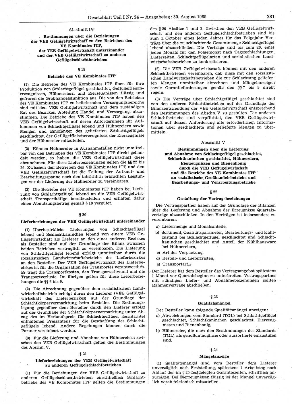 Gesetzblatt (GBl.) der Deutschen Demokratischen Republik (DDR) Teil Ⅰ 1985, Seite 281 (GBl. DDR Ⅰ 1985, S. 281)