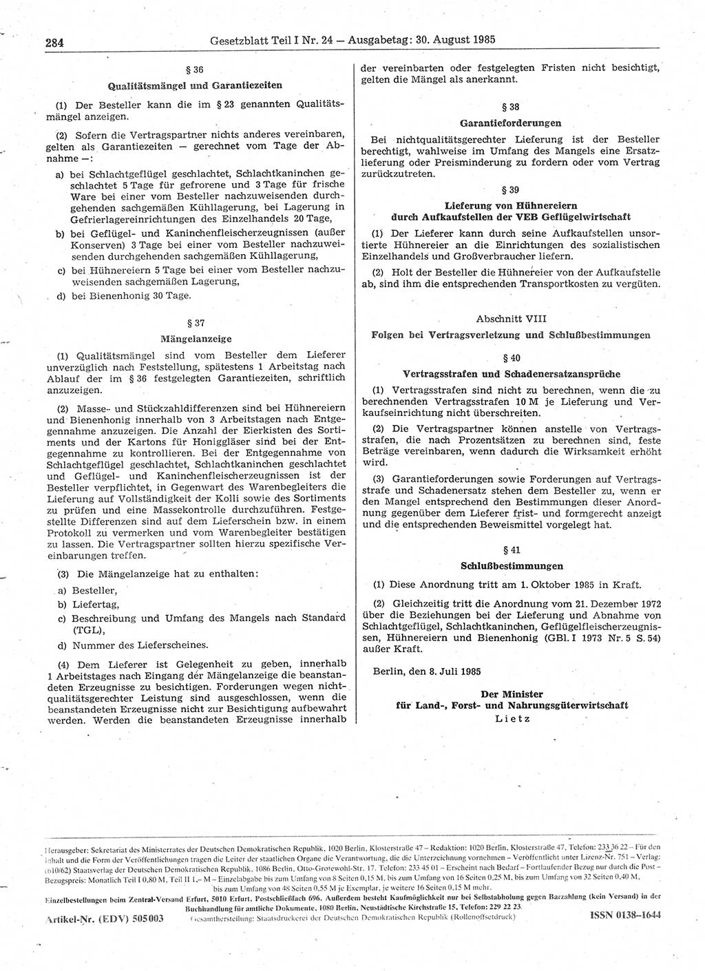 Gesetzblatt (GBl.) der Deutschen Demokratischen Republik (DDR) Teil Ⅰ 1985, Seite 284 (GBl. DDR Ⅰ 1985, S. 284)