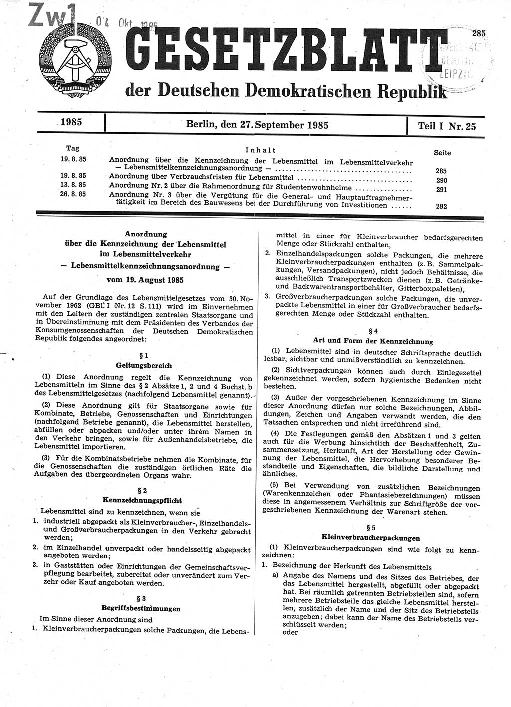 Gesetzblatt (GBl.) der Deutschen Demokratischen Republik (DDR) Teil Ⅰ 1985, Seite 285 (GBl. DDR Ⅰ 1985, S. 285)