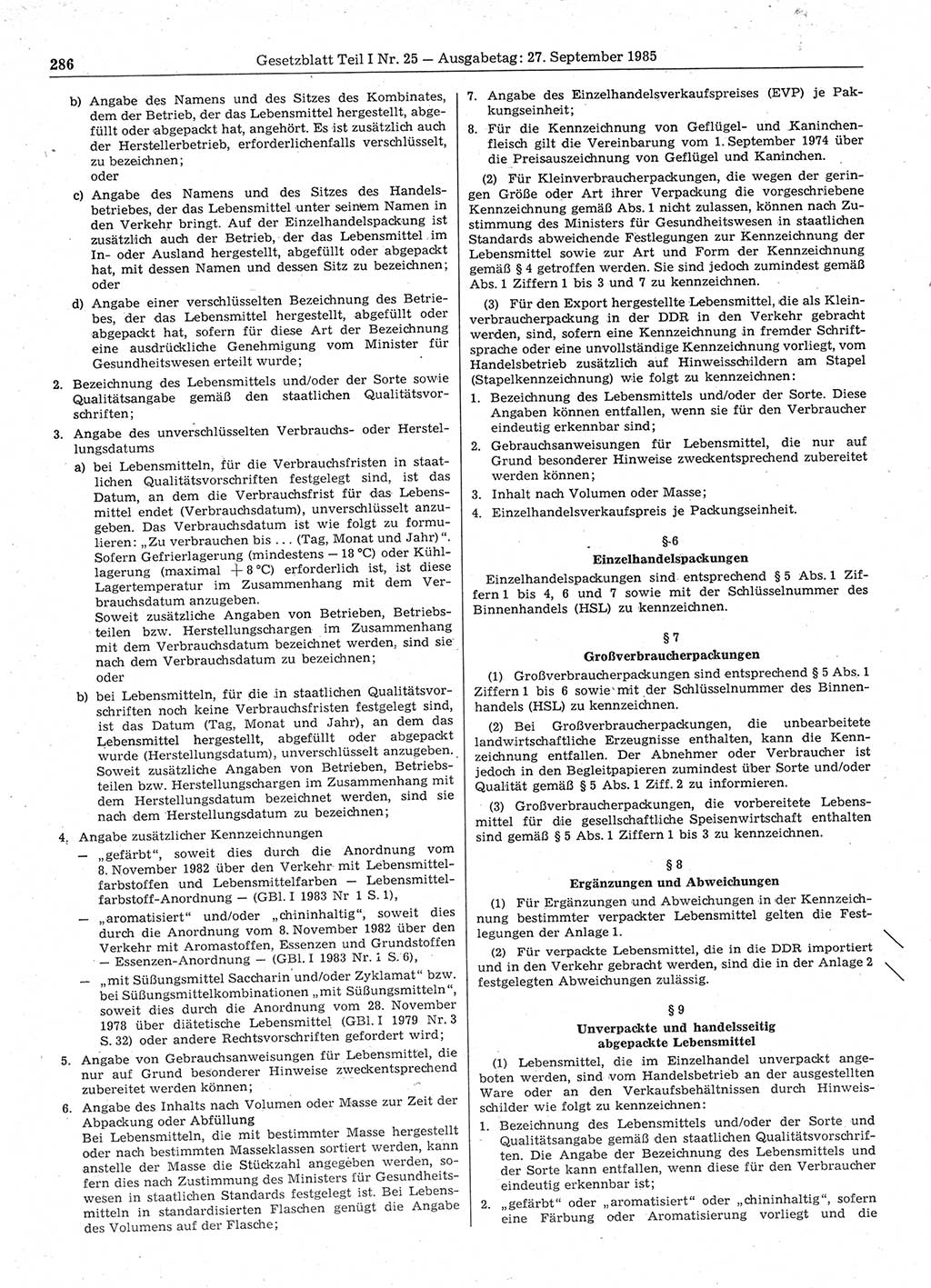 Gesetzblatt (GBl.) der Deutschen Demokratischen Republik (DDR) Teil Ⅰ 1985, Seite 286 (GBl. DDR Ⅰ 1985, S. 286)