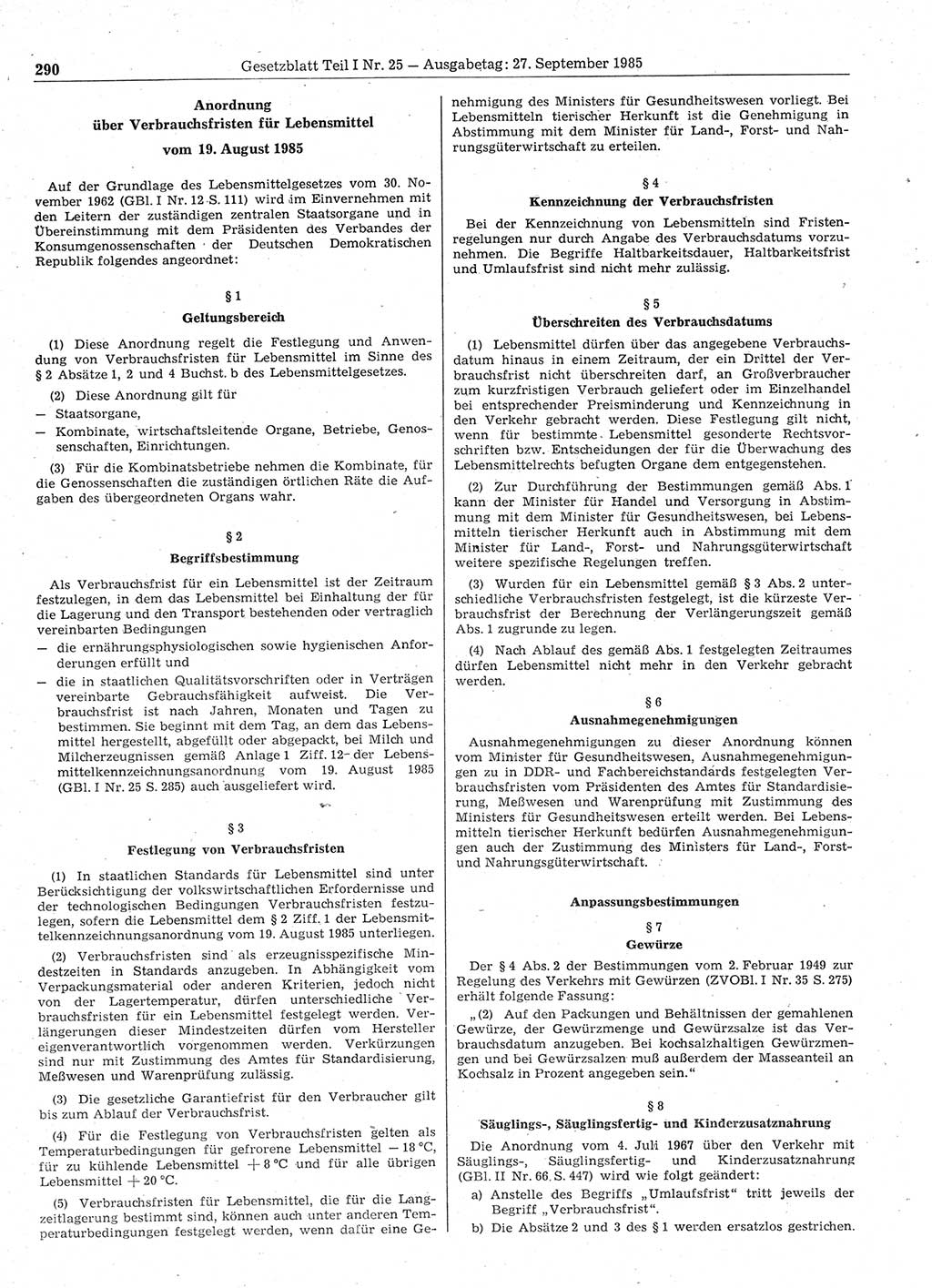 Gesetzblatt (GBl.) der Deutschen Demokratischen Republik (DDR) Teil Ⅰ 1985, Seite 290 (GBl. DDR Ⅰ 1985, S. 290)