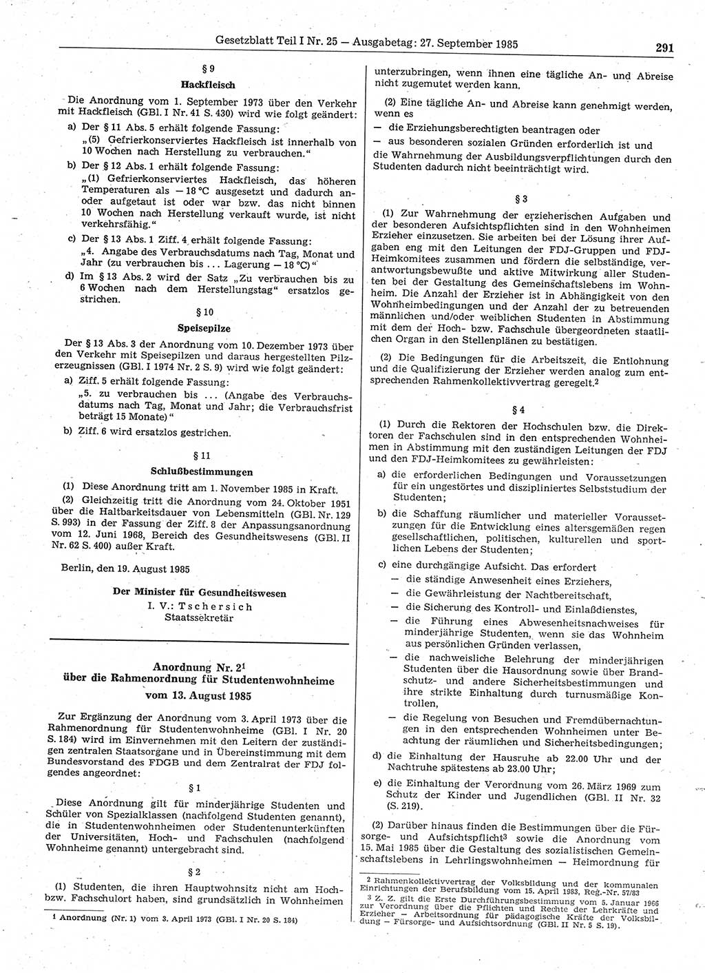 Gesetzblatt (GBl.) der Deutschen Demokratischen Republik (DDR) Teil Ⅰ 1985, Seite 291 (GBl. DDR Ⅰ 1985, S. 291)