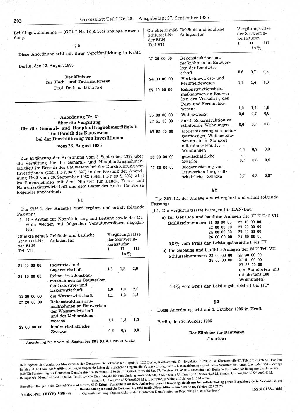 Gesetzblatt (GBl.) der Deutschen Demokratischen Republik (DDR) Teil Ⅰ 1985, Seite 292 (GBl. DDR Ⅰ 1985, S. 292)