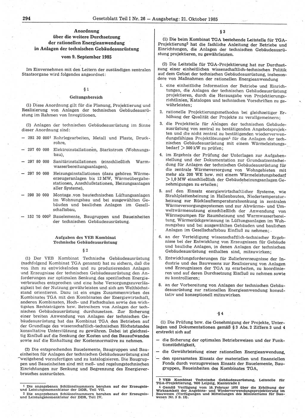 Gesetzblatt (GBl.) der Deutschen Demokratischen Republik (DDR) Teil Ⅰ 1985, Seite 294 (GBl. DDR Ⅰ 1985, S. 294)