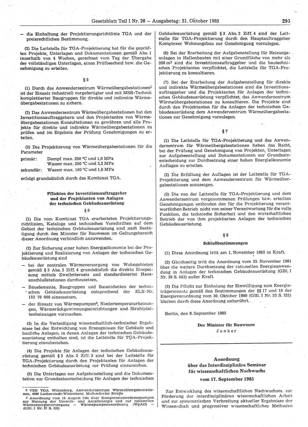 Gesetzblatt (GBl.) der Deutschen Demokratischen Republik (DDR) Teil Ⅰ 1985, Seite 295 (GBl. DDR Ⅰ 1985, S. 295)