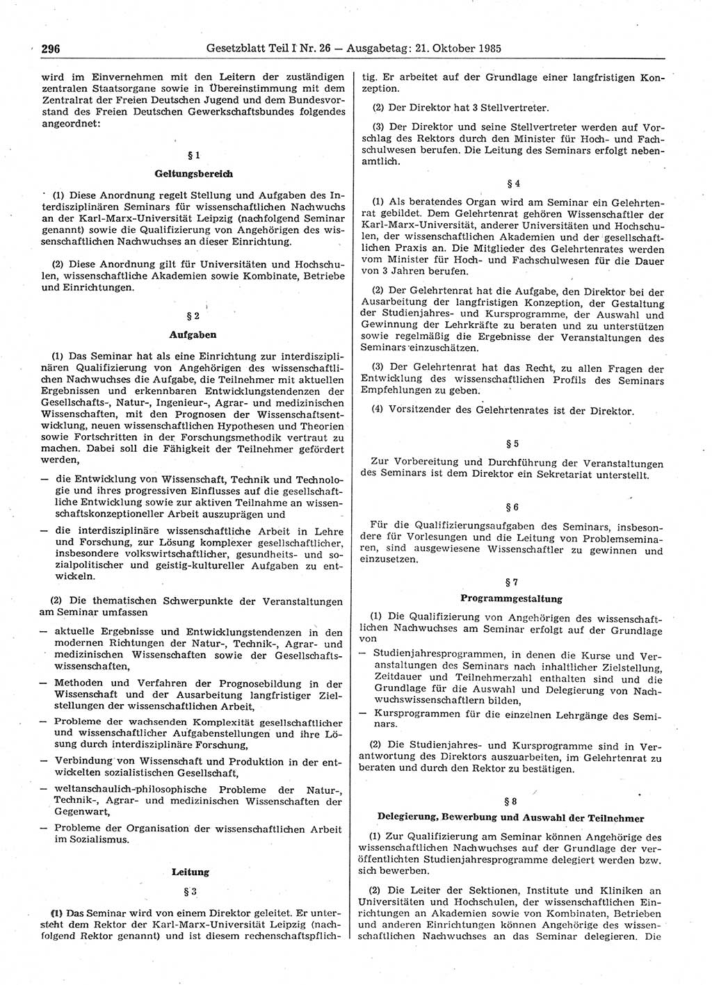 Gesetzblatt (GBl.) der Deutschen Demokratischen Republik (DDR) Teil Ⅰ 1985, Seite 296 (GBl. DDR Ⅰ 1985, S. 296)