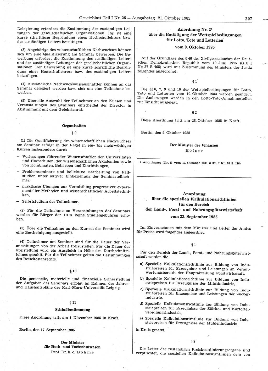 Gesetzblatt (GBl.) der Deutschen Demokratischen Republik (DDR) Teil Ⅰ 1985, Seite 297 (GBl. DDR Ⅰ 1985, S. 297)
