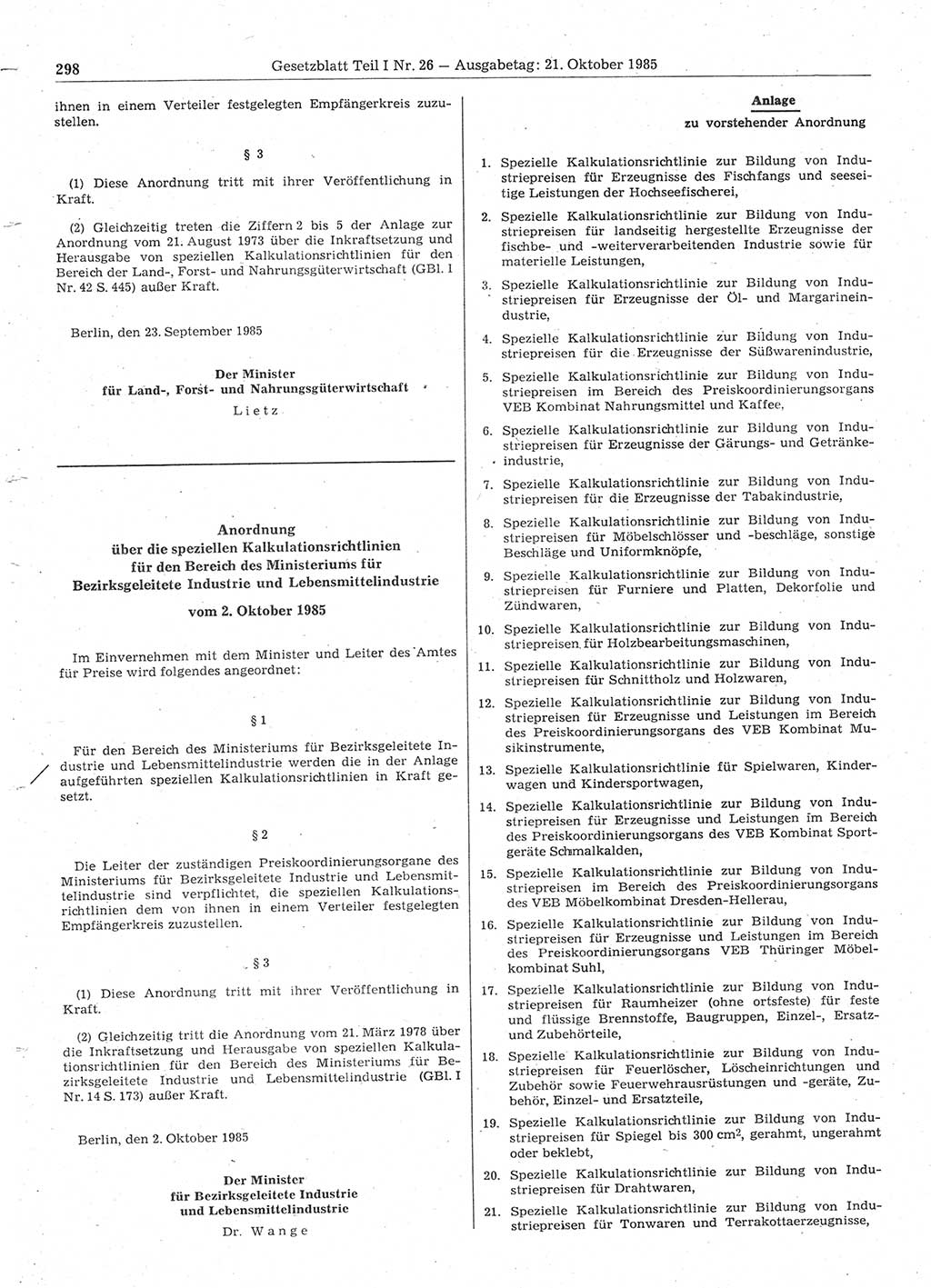 Gesetzblatt (GBl.) der Deutschen Demokratischen Republik (DDR) Teil Ⅰ 1985, Seite 298 (GBl. DDR Ⅰ 1985, S. 298)