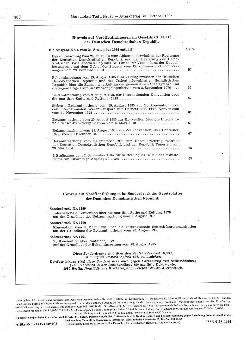 Gesetzblatt (GBl.) der Deutschen Demokratischen Republik (DDR) Teil Ⅰ 1985, Seite 300 (GBl. DDR Ⅰ 1985, S. 300)