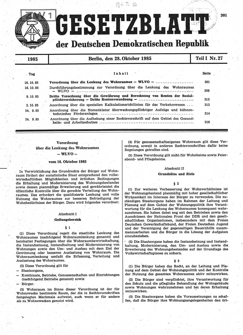Gesetzblatt (GBl.) der Deutschen Demokratischen Republik (DDR) Teil Ⅰ 1985, Seite 301 (GBl. DDR Ⅰ 1985, S. 301)