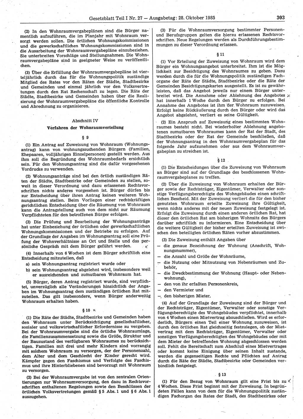 Gesetzblatt (GBl.) der Deutschen Demokratischen Republik (DDR) Teil Ⅰ 1985, Seite 303 (GBl. DDR Ⅰ 1985, S. 303)
