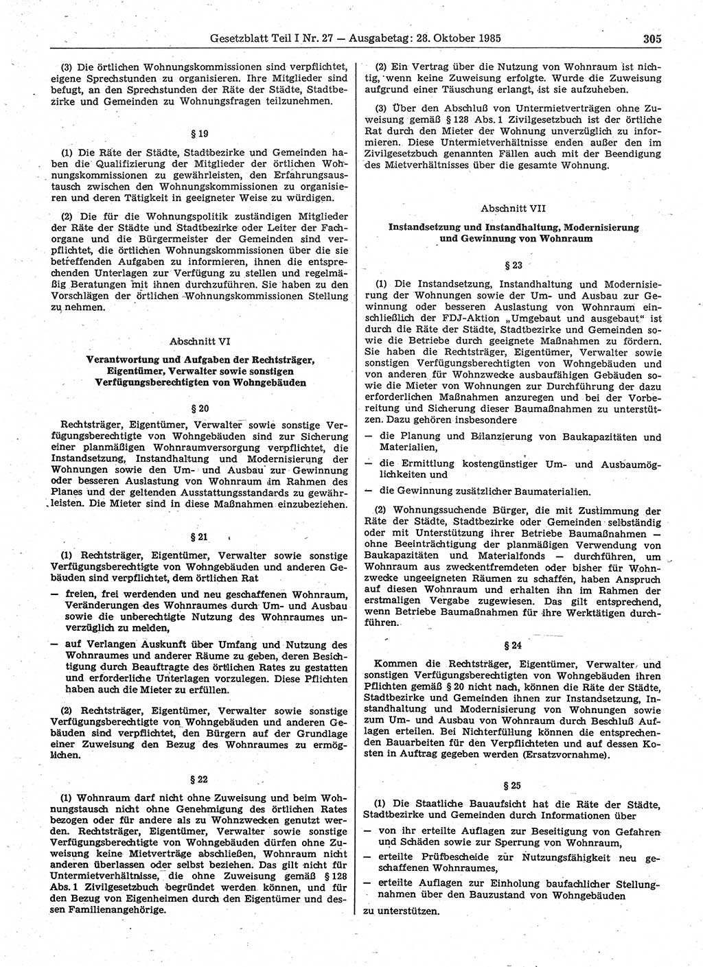 Gesetzblatt (GBl.) der Deutschen Demokratischen Republik (DDR) Teil Ⅰ 1985, Seite 305 (GBl. DDR Ⅰ 1985, S. 305)