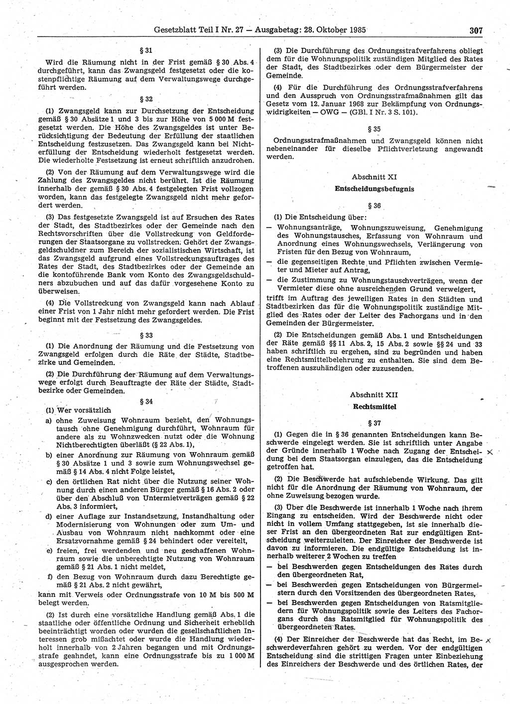 Gesetzblatt (GBl.) der Deutschen Demokratischen Republik (DDR) Teil Ⅰ 1985, Seite 307 (GBl. DDR Ⅰ 1985, S. 307)