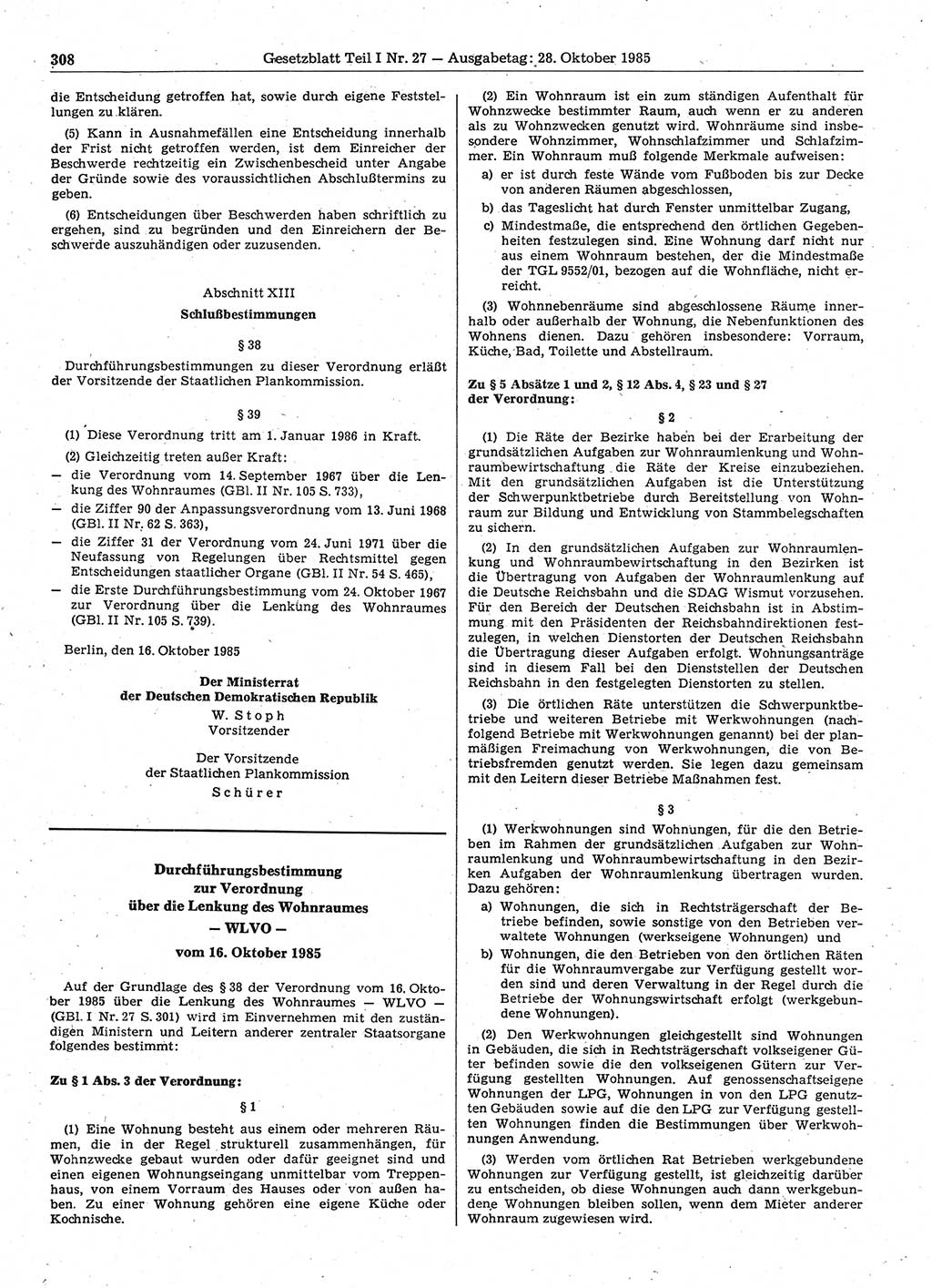 Gesetzblatt (GBl.) der Deutschen Demokratischen Republik (DDR) Teil Ⅰ 1985, Seite 308 (GBl. DDR Ⅰ 1985, S. 308)