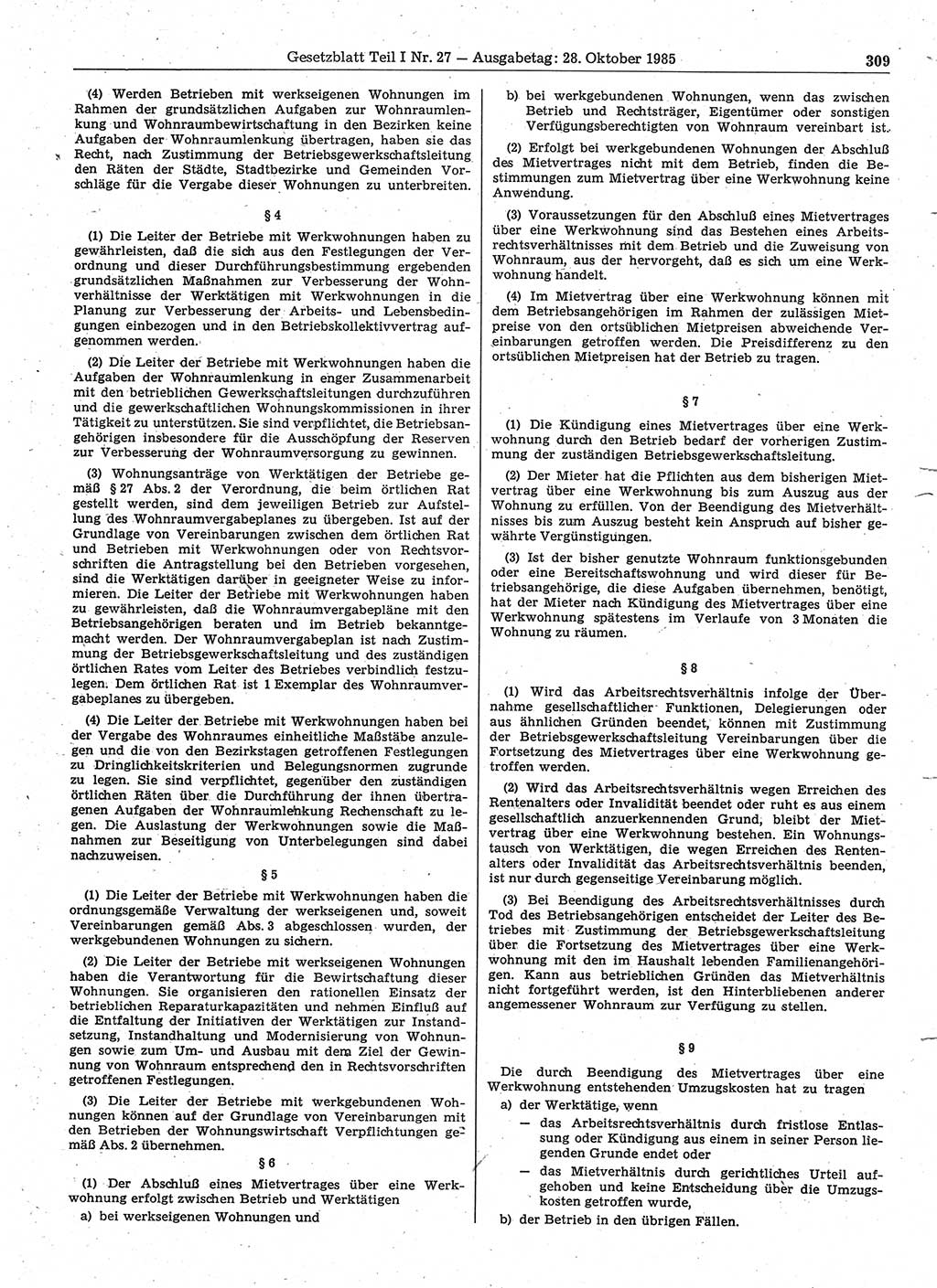 Gesetzblatt (GBl.) der Deutschen Demokratischen Republik (DDR) Teil Ⅰ 1985, Seite 309 (GBl. DDR Ⅰ 1985, S. 309)