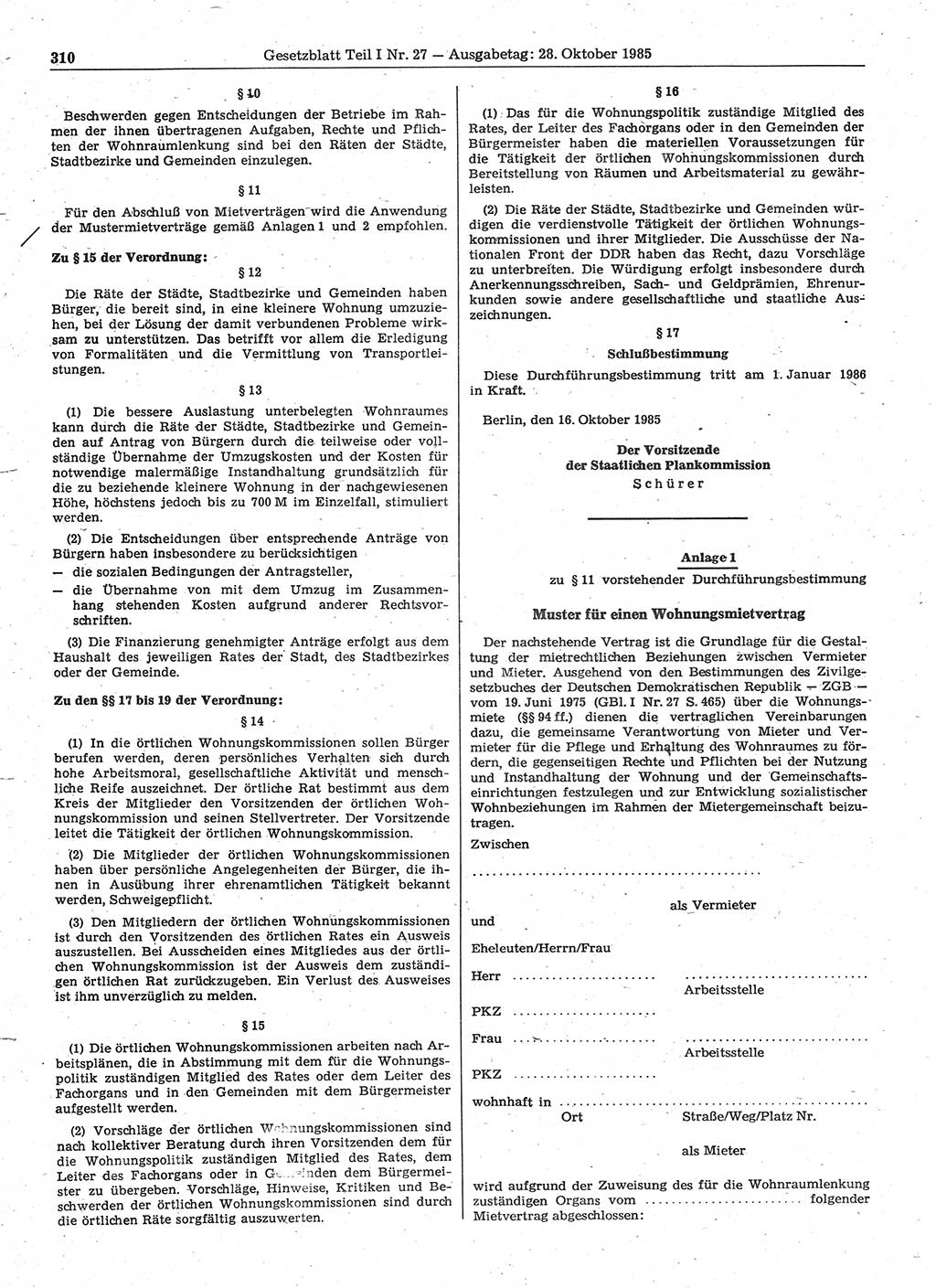 Gesetzblatt (GBl.) der Deutschen Demokratischen Republik (DDR) Teil Ⅰ 1985, Seite 310 (GBl. DDR Ⅰ 1985, S. 310)