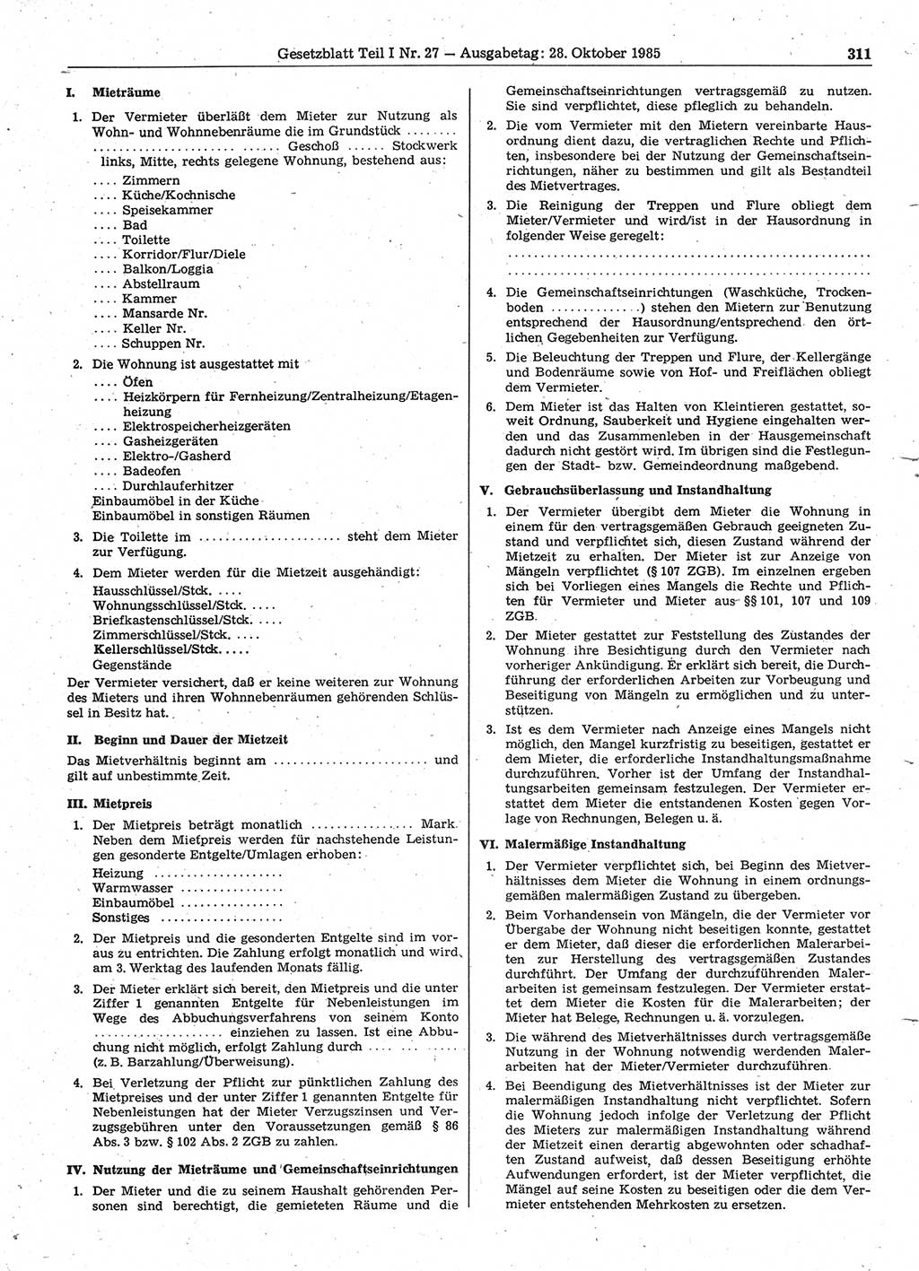 Gesetzblatt (GBl.) der Deutschen Demokratischen Republik (DDR) Teil Ⅰ 1985, Seite 311 (GBl. DDR Ⅰ 1985, S. 311)