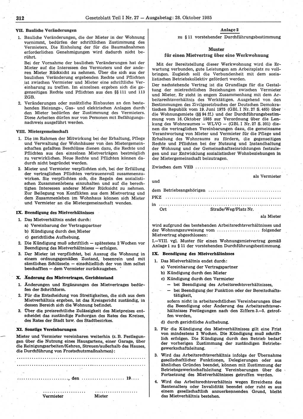 Gesetzblatt (GBl.) der Deutschen Demokratischen Republik (DDR) Teil Ⅰ 1985, Seite 312 (GBl. DDR Ⅰ 1985, S. 312)