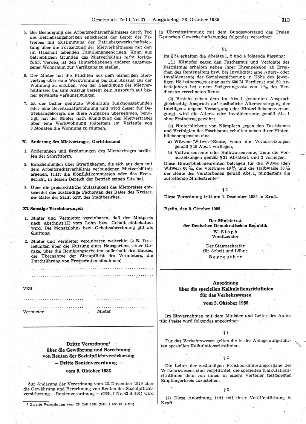 Gesetzblatt (GBl.) der Deutschen Demokratischen Republik (DDR) Teil Ⅰ 1985, Seite 313 (GBl. DDR Ⅰ 1985, S. 313)