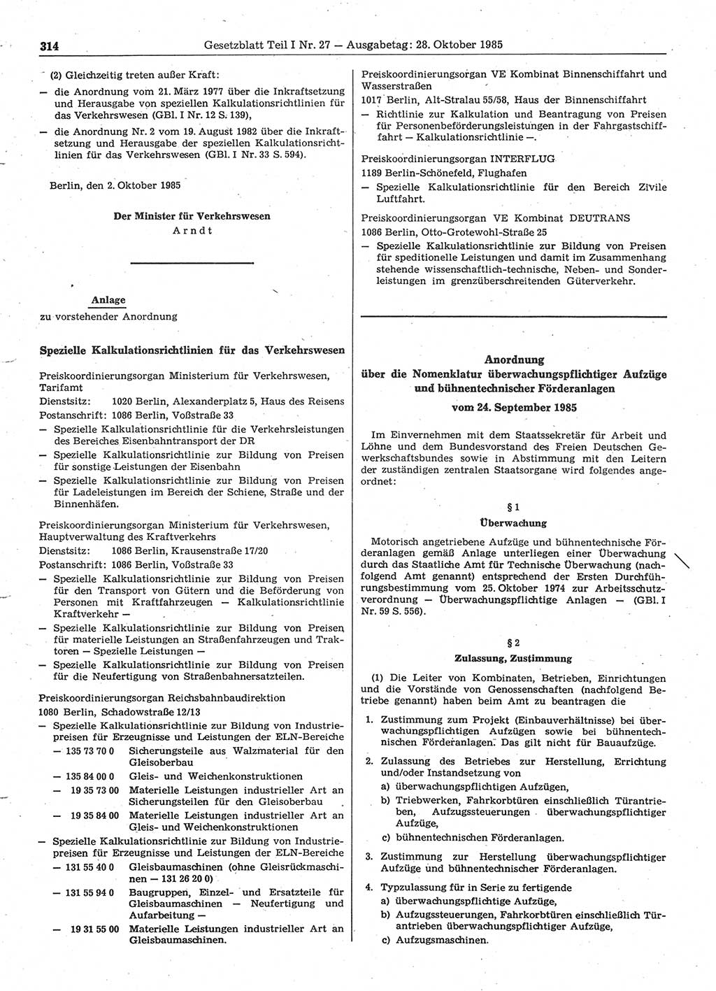 Gesetzblatt (GBl.) der Deutschen Demokratischen Republik (DDR) Teil Ⅰ 1985, Seite 314 (GBl. DDR Ⅰ 1985, S. 314)