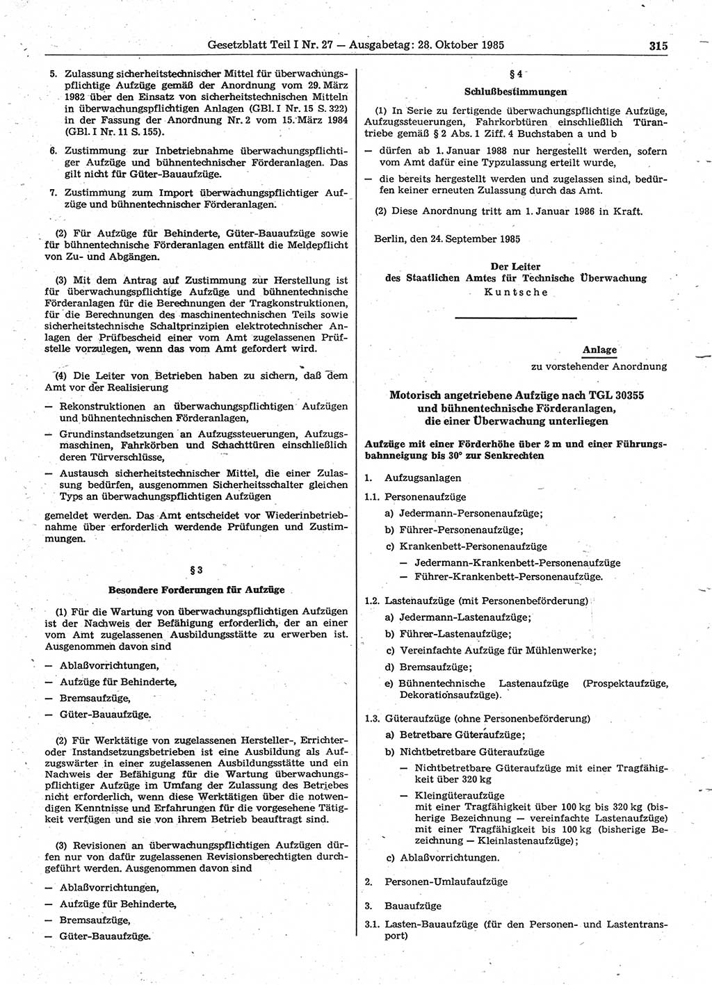 Gesetzblatt (GBl.) der Deutschen Demokratischen Republik (DDR) Teil Ⅰ 1985, Seite 315 (GBl. DDR Ⅰ 1985, S. 315)