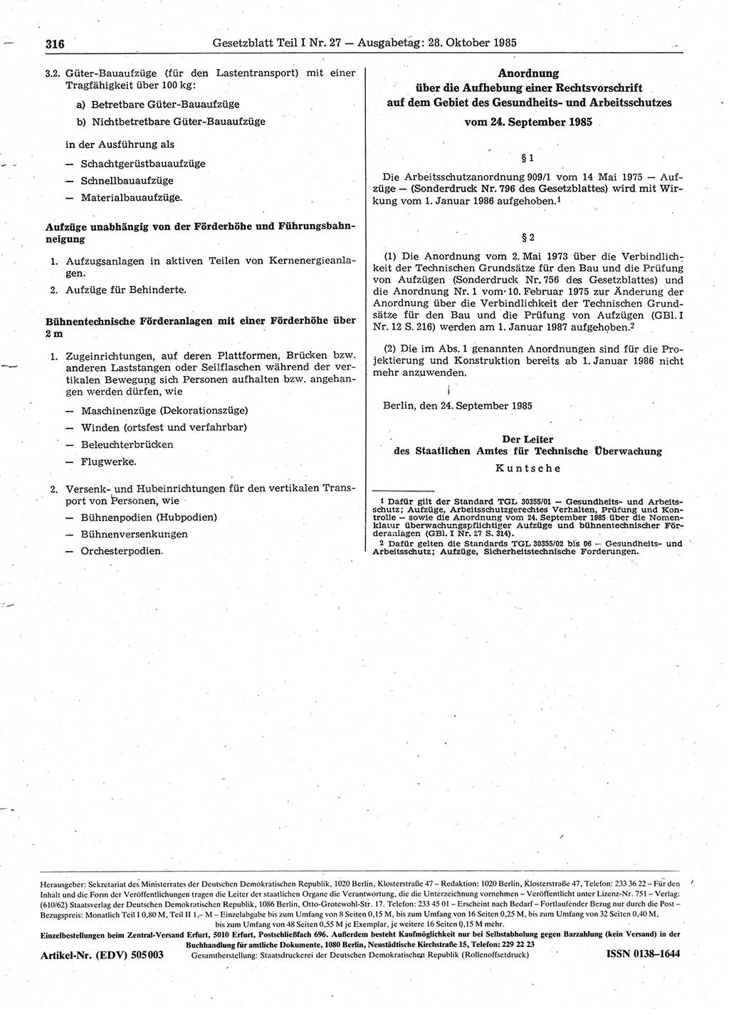 Gesetzblatt (GBl.) der Deutschen Demokratischen Republik (DDR) Teil Ⅰ 1985, Seite 316 (GBl. DDR Ⅰ 1985, S. 316)