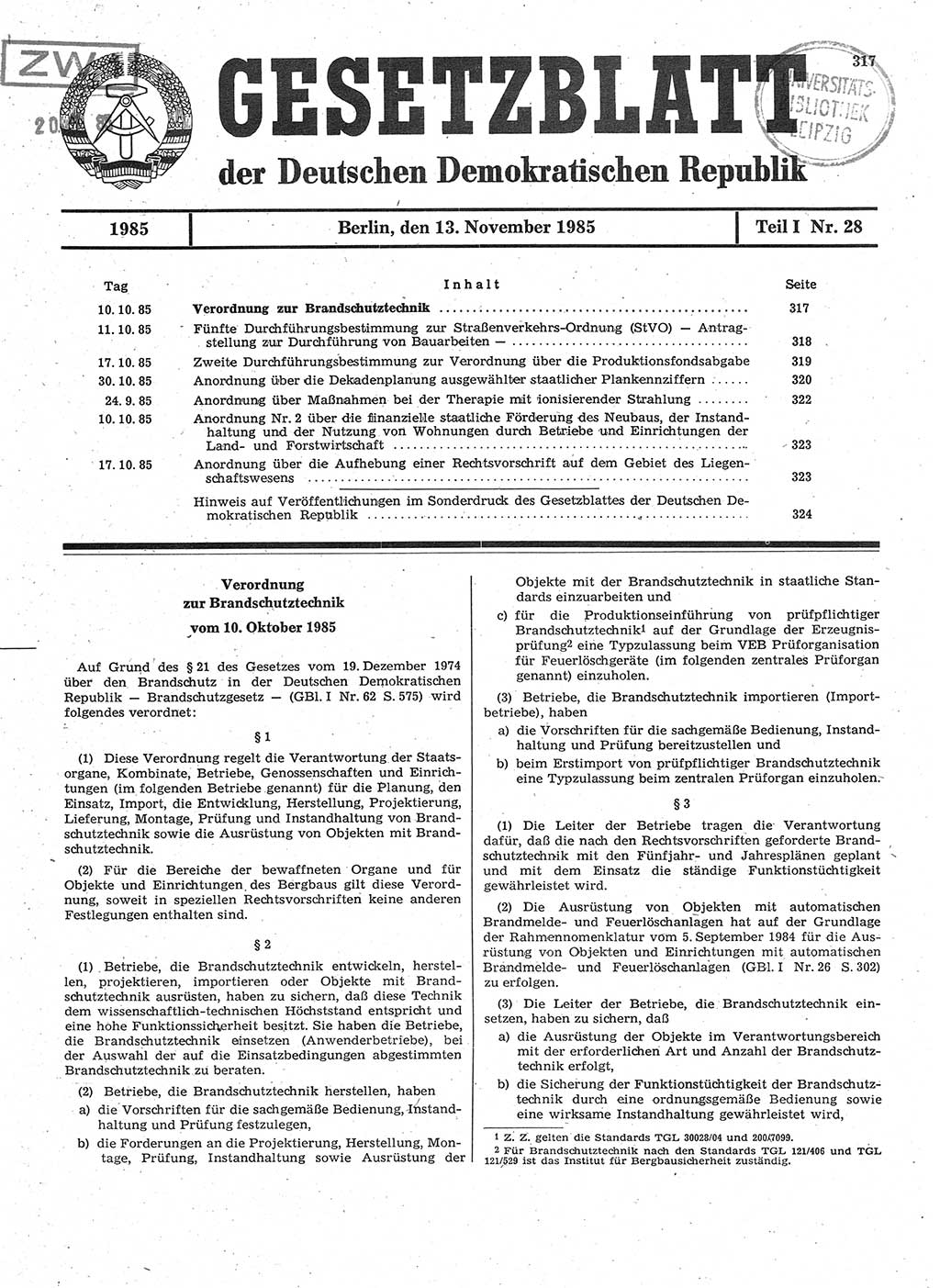 Gesetzblatt (GBl.) der Deutschen Demokratischen Republik (DDR) Teil Ⅰ 1985, Seite 317 (GBl. DDR Ⅰ 1985, S. 317)