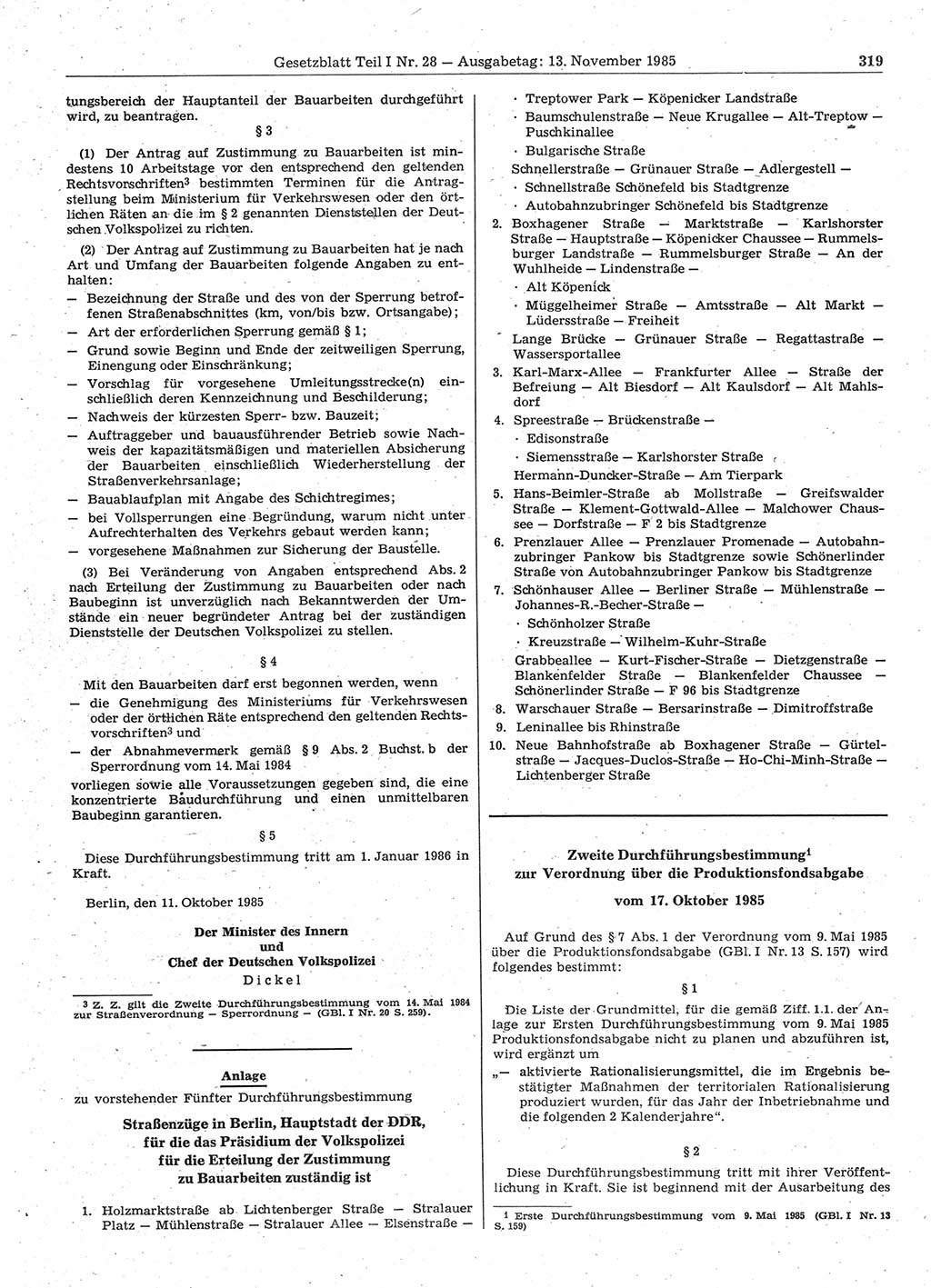 Gesetzblatt (GBl.) der Deutschen Demokratischen Republik (DDR) Teil Ⅰ 1985, Seite 319 (GBl. DDR Ⅰ 1985, S. 319)