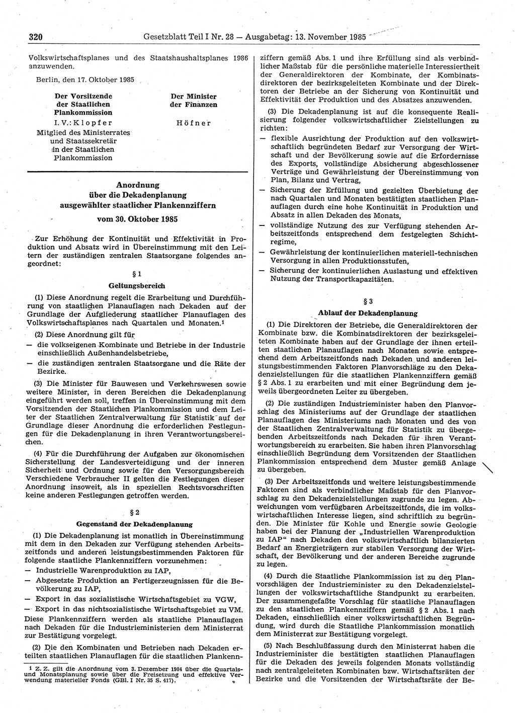 Gesetzblatt (GBl.) der Deutschen Demokratischen Republik (DDR) Teil Ⅰ 1985, Seite 320 (GBl. DDR Ⅰ 1985, S. 320)