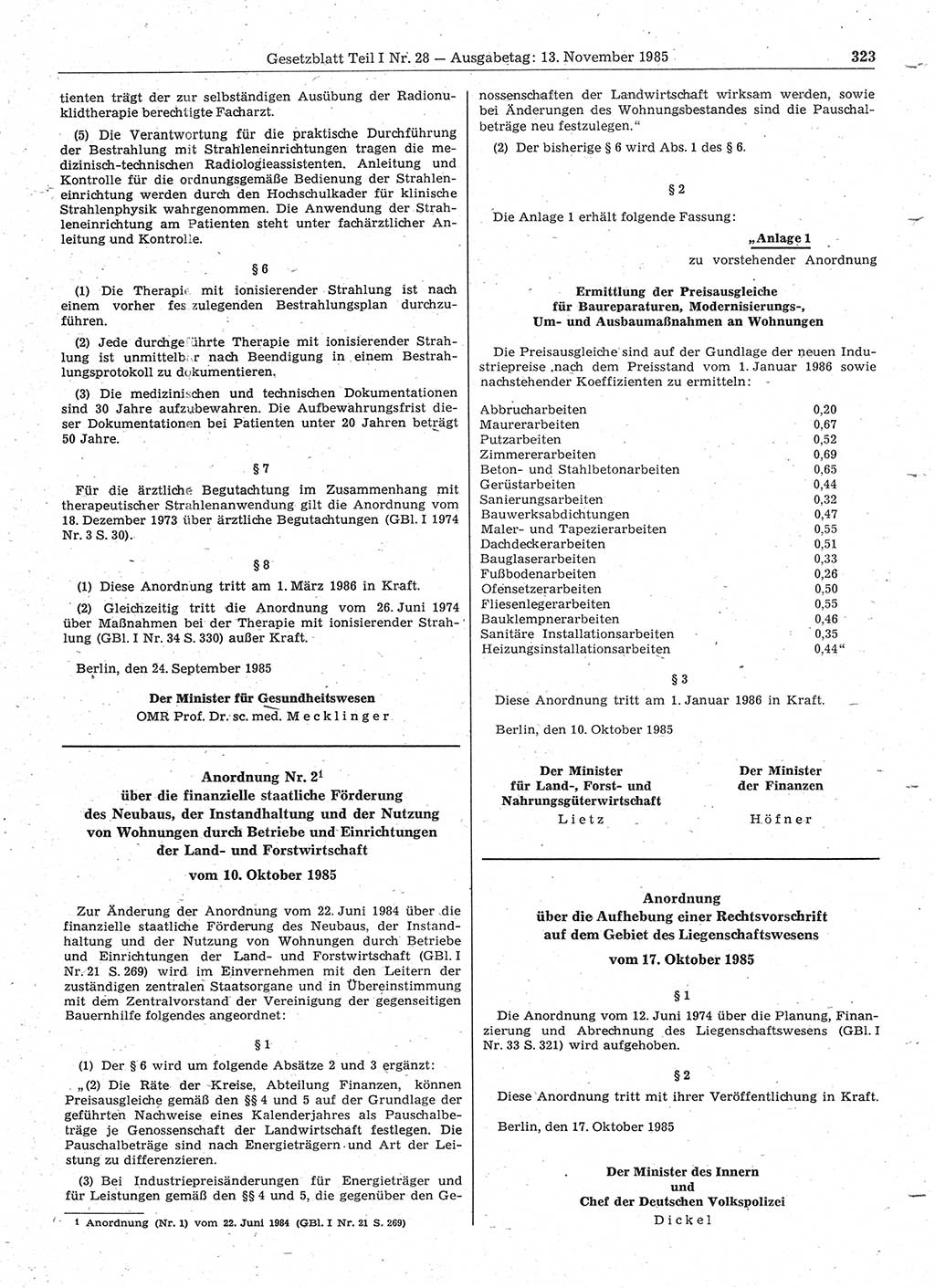 Gesetzblatt (GBl.) der Deutschen Demokratischen Republik (DDR) Teil Ⅰ 1985, Seite 323 (GBl. DDR Ⅰ 1985, S. 323)