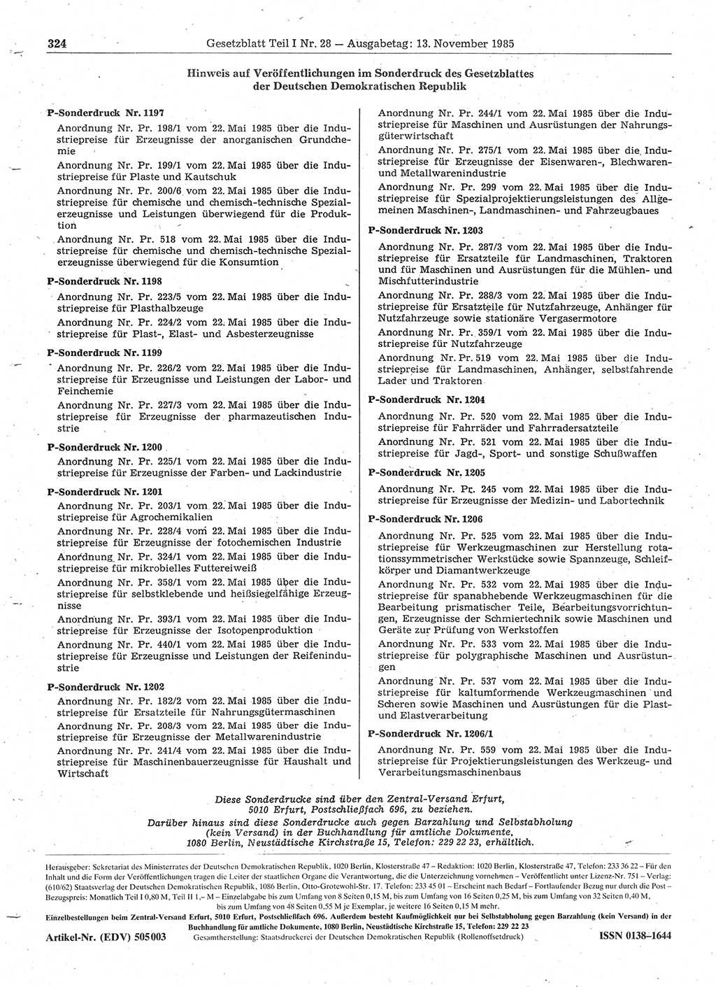 Gesetzblatt (GBl.) der Deutschen Demokratischen Republik (DDR) Teil Ⅰ 1985, Seite 324 (GBl. DDR Ⅰ 1985, S. 324)