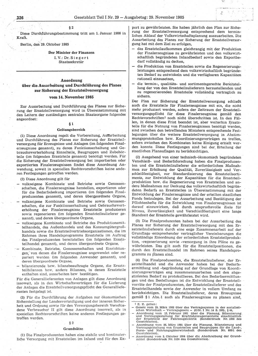 Gesetzblatt (GBl.) der Deutschen Demokratischen Republik (DDR) Teil Ⅰ 1985, Seite 326 (GBl. DDR Ⅰ 1985, S. 326)