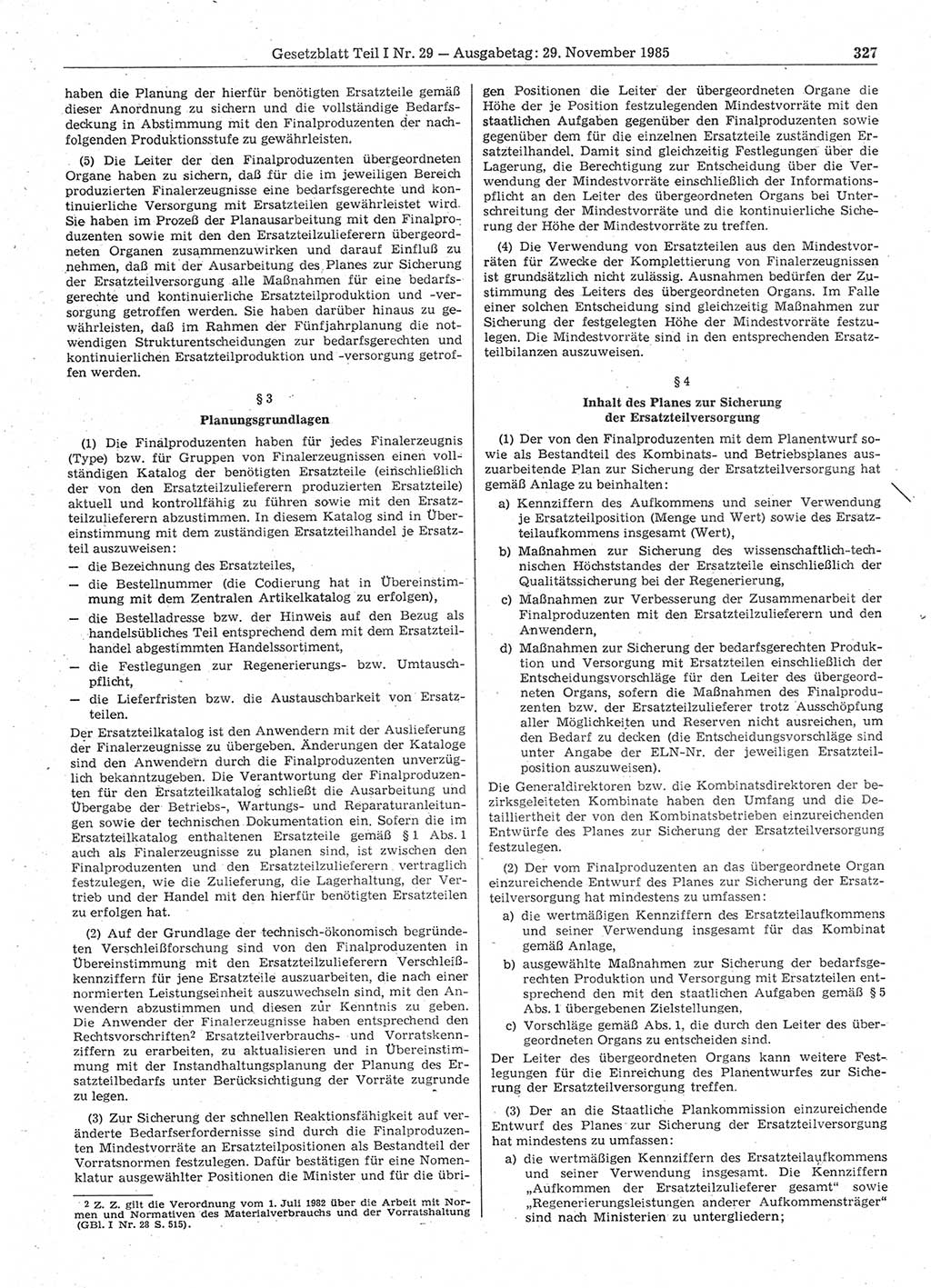 Gesetzblatt (GBl.) der Deutschen Demokratischen Republik (DDR) Teil Ⅰ 1985, Seite 327 (GBl. DDR Ⅰ 1985, S. 327)