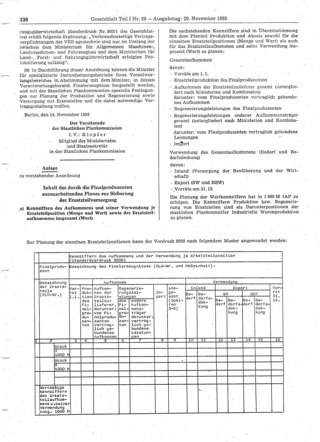 Gesetzblatt (GBl.) der Deutschen Demokratischen Republik (DDR) Teil Ⅰ 1985, Seite 330 (GBl. DDR Ⅰ 1985, S. 330)