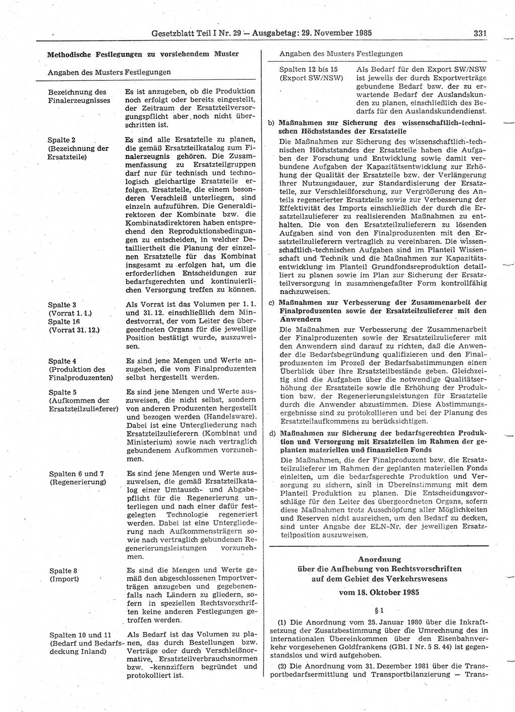 Gesetzblatt (GBl.) der Deutschen Demokratischen Republik (DDR) Teil Ⅰ 1985, Seite 331 (GBl. DDR Ⅰ 1985, S. 331)