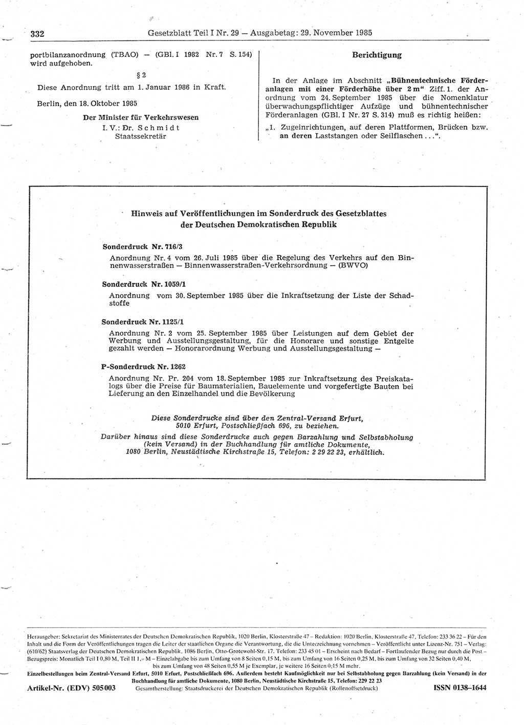 Gesetzblatt (GBl.) der Deutschen Demokratischen Republik (DDR) Teil Ⅰ 1985, Seite 332 (GBl. DDR Ⅰ 1985, S. 332)